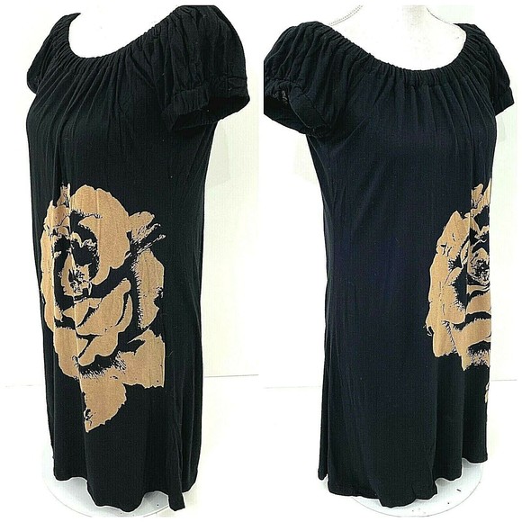 Soprano Womens Top Tunic Size Small Black Tan Rose Stretch Pullover Short Sleeve - Picture 1 of 12